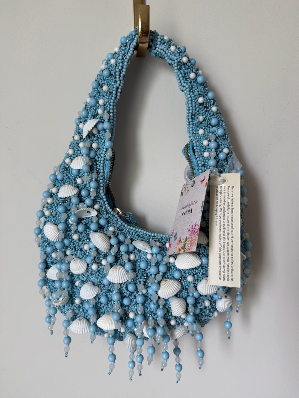 Beaded blue Shell shoulder Hobo Bag